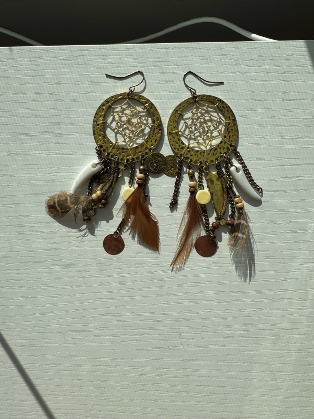 Bohemian Dreamcatcher Dangle Earrings in Gold and Brown